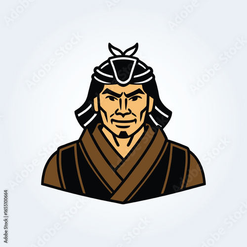 A character illustration of a samurai man in a brown suit with long hair