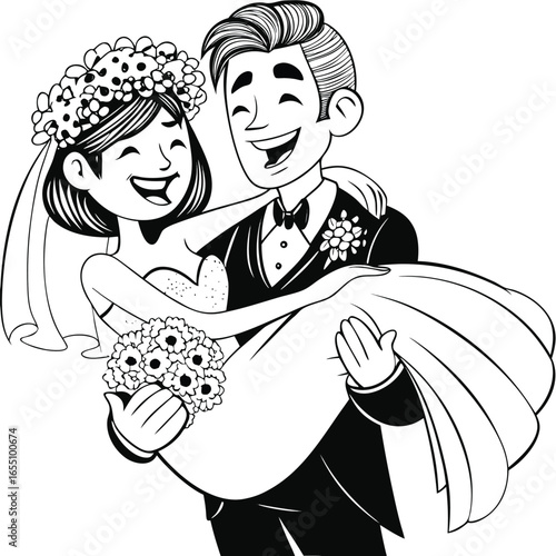 Joyful Wedding Celebration A Groom Carries His Bride in Happiness and Love Black and White Line Art