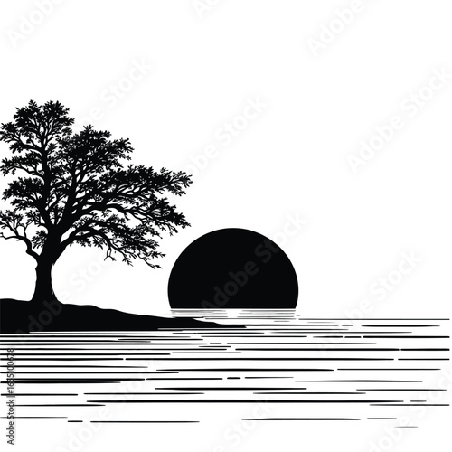 Sunset Tree Silhouette Vector – Black and White Landscape with Water Reflections and Bold Contrast in Minimalist Nature Design