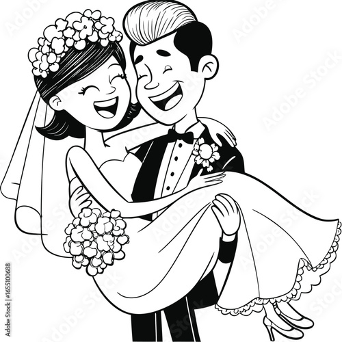 Joyful Wedding Celebration A Groom Carries His Bride in Happiness and Love Black and White Line Art