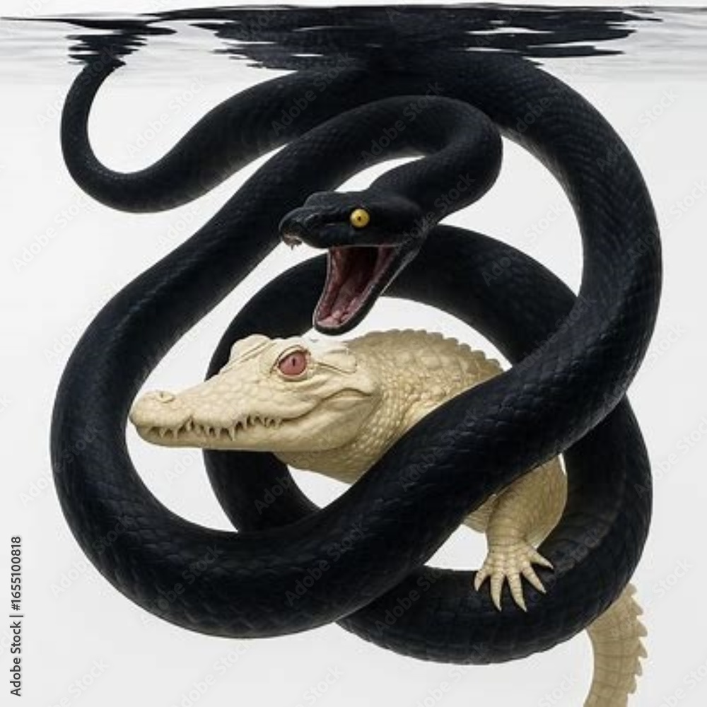 Fototapeta premium Snake and crocodile in the water