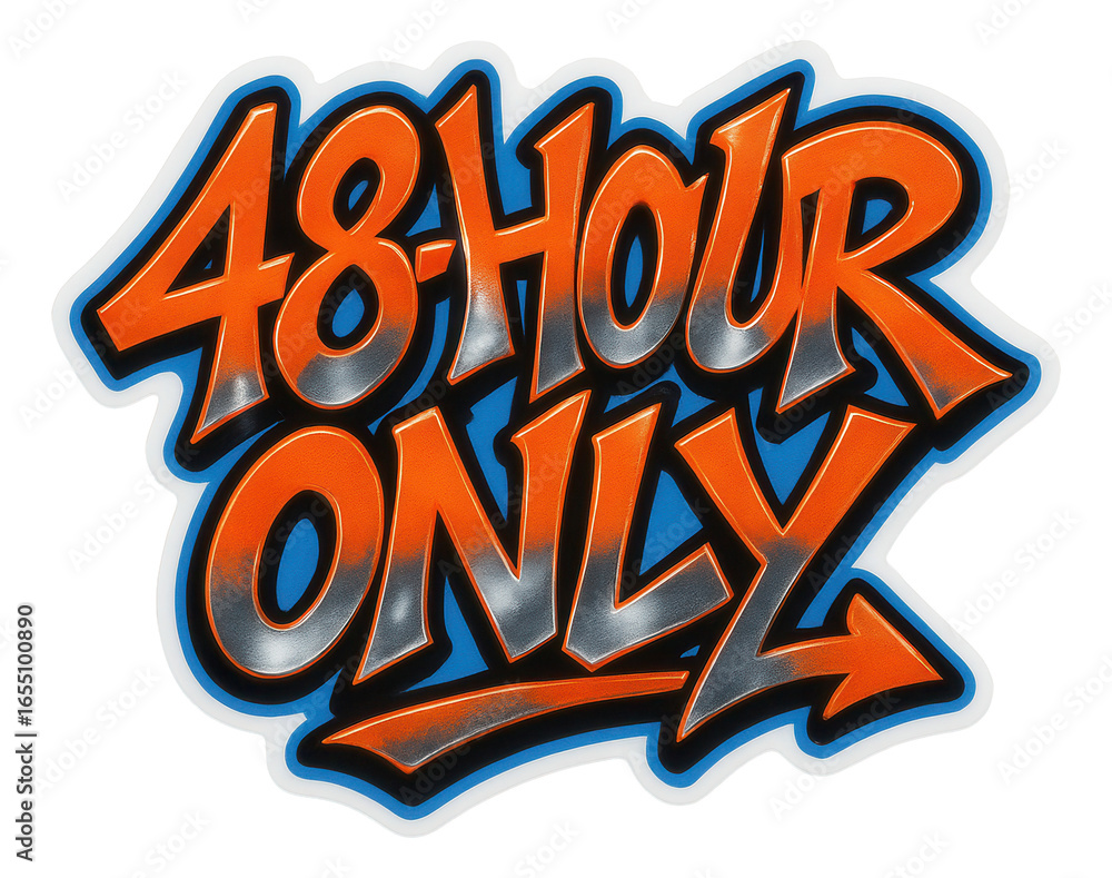 Fototapeta premium Bold blue tag sticker with 48-HOUR ONLY sale in dynamic graffiti style, urgent retail promo offer on transparent background.