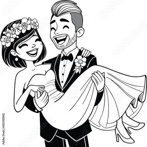 Joyful Wedding Celebration A Groom Carries His Bride in Happiness and Love Black and White Line Art