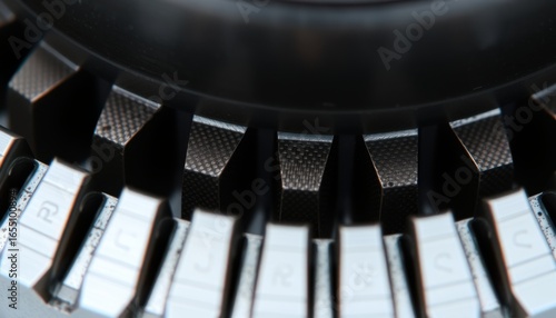 Abstract industrial close up of metallic turbine blades against a dark ceiling perspective