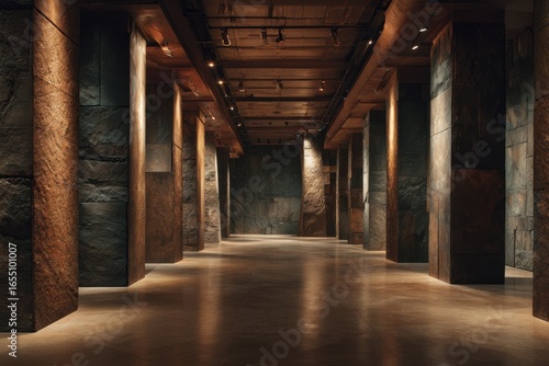 Modern architectural interior of a spacious hall with stone walls  warm lighting  and elegant wooden pillars
