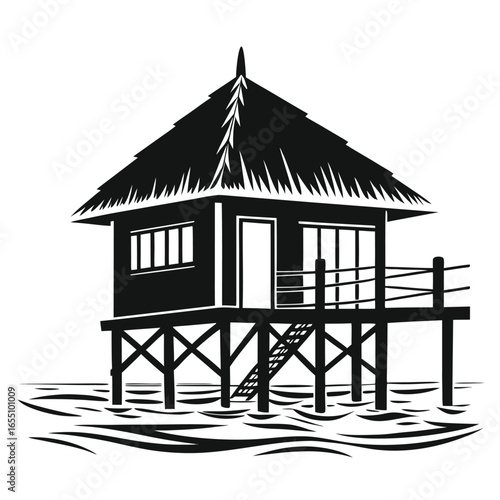 Hut on stilts over water silhouette