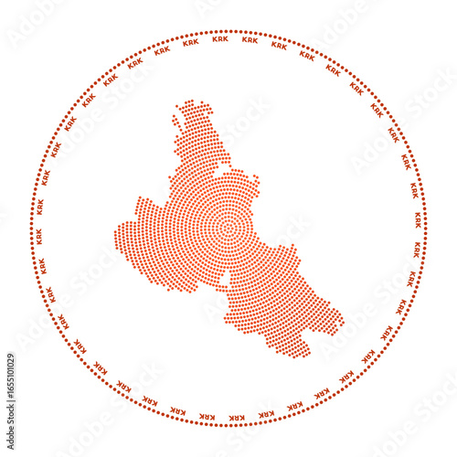 Krk round logo. Digital style shape of Krk in dotted circle with island name. Tech icon of the island with gradiented dots. Elegant vector illustration.