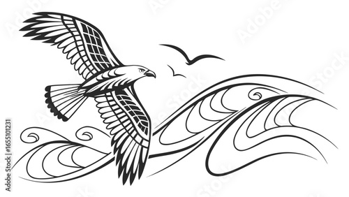 Eagle flying over waves with seagulls in a black and white line art illustration style design created with generated ai