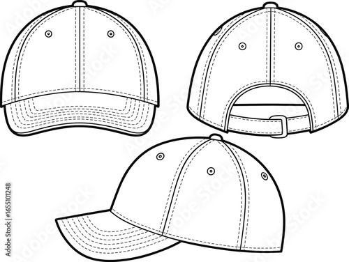 Baseball cap vector template, front side and back view hat sketch, fashion accessory design illustration