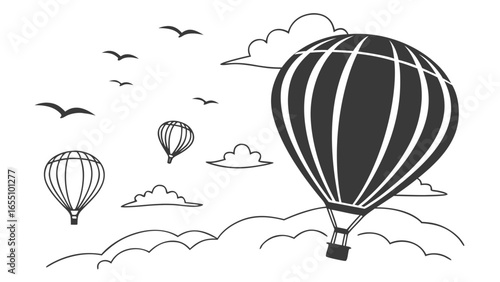 Illustration of hot air balloons soaring through a cloudy sky with birds flying above the clouds created with generated ai