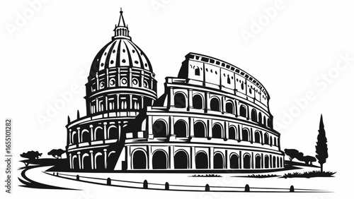 Illustration of the colosseum and a domed building in black and white style drawing design created with generated ai