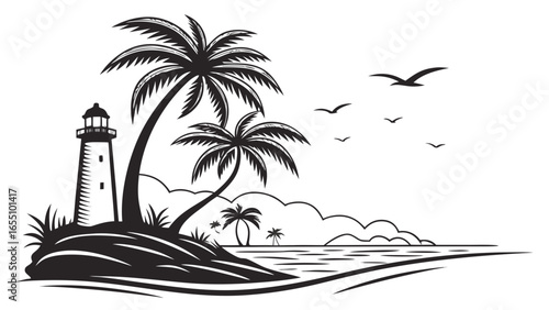 Illustration of a tropical island with palm trees, a lighthouse, and birds flying over the ocean scene created with generated ai