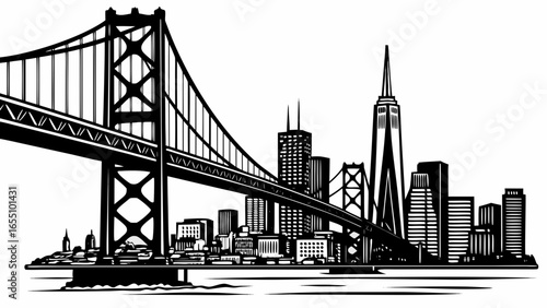 Illustration of a cityscape with a large suspension bridge spanning across the water in black and white created with generated ai
