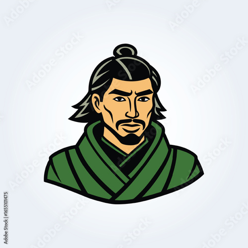 A character illustration of a samurai man in a green suit with long hair and a serious face
