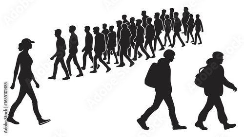 Silhouettes of people walking in different directions with backpacks and casual attire in black and white created with generated ai
