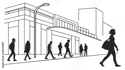 Illustration of people walking on a city street with buildings and a street light in black and white style created with generated ai
