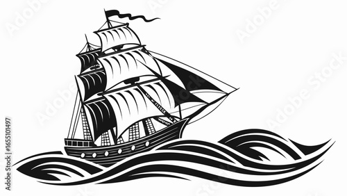 A monochrome depiction of a sailing ship with billowing sails navigating through stylized ocean waves created with generated ai