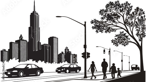 Cityscape silhouette with skyscrapers cars and pedestrians on a street with a tree and streetlights created with generated ai