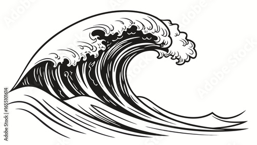 Illustration of a large ocean wave with stylized foam in black and white drawing style design created with generated ai