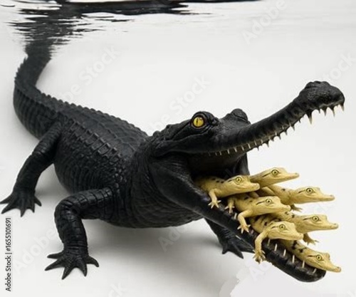 Mother crocodile with babies releasing them in the water