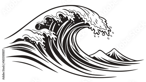 Illustration of a large ocean wave cresting with mountain peaks in the background in black and white created with generated ai