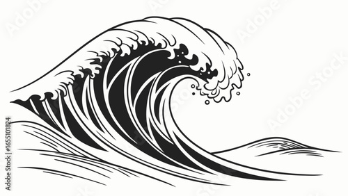 Illustration of a large black and white wave with a smaller wave in the background on a white background created with generated ai