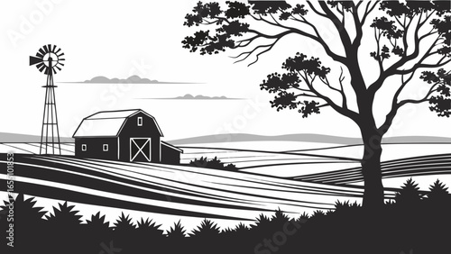 A rural landscape featuring a barn windmill tree and fields in a monochrome black and white illustration created with generated ai