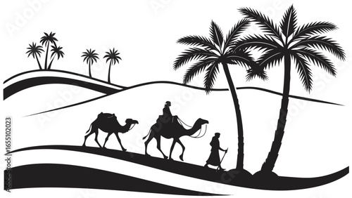 Silhouette of a desert scene with camels and travelers under palm trees on rolling sand dunes landscape created with generated ai