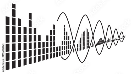 Black audio equalizer bars with sine waves showing sound frequency and amplitude representation created with generated ai
