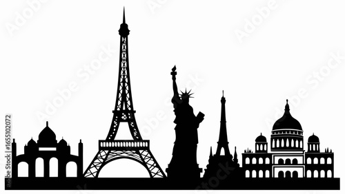 Black silhouette of world landmarks including the eiffel tower and statue of liberty in vector format created with generated ai