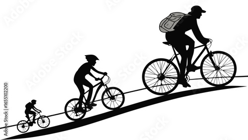 Silhouettes of cyclists riding uphill with varying bike sizes and gear on a white background scene created with generated ai