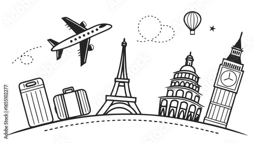 Illustration of travel destinations with airplane, eiffel tower, big ben and luggage in black and white created with generated ai
