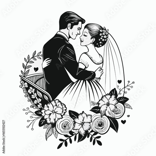 Elegant Wedding Celebration Black and White Line Art Featuring a Romantic Couple Embraced Within a Floral Heart