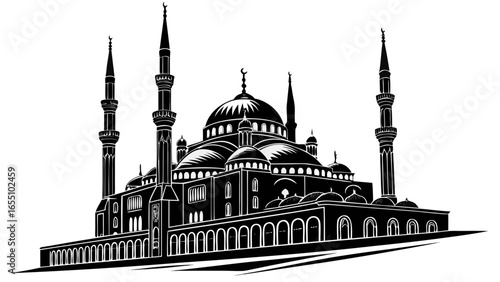 Illustration of a grand mosque with minarets and domes in black and white silhouette style design art created with generated ai