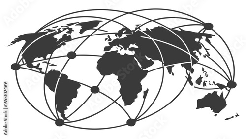 World map with global network connections showing continents and connecting nodes and lines across the globe created with generated ai