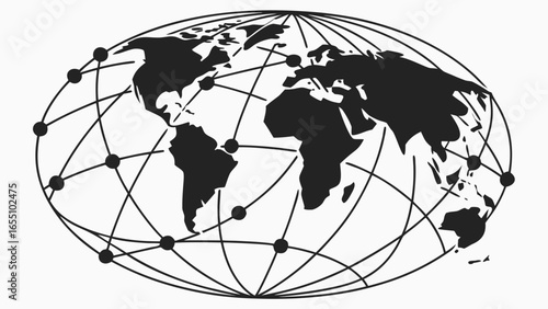 World map with continents and an oval grid network with black dots representing connection points across the globe created with generated ai