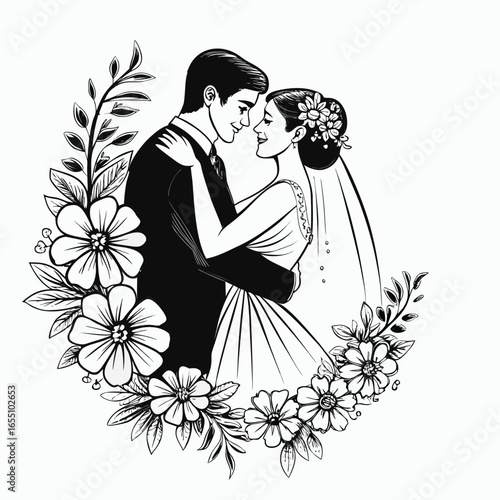 Elegant Wedding Celebration Black and White Line Art Featuring a Romantic Couple Embraced Within a Floral Heart