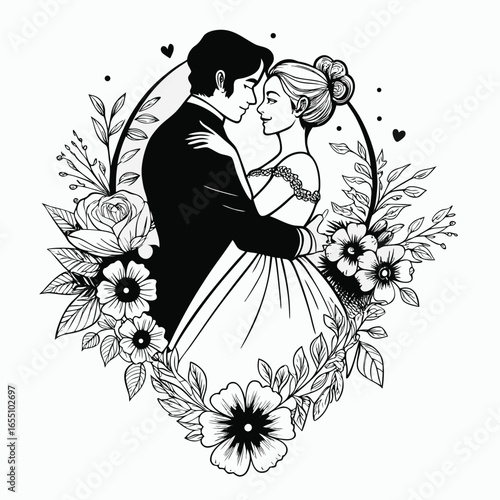 Elegant Wedding Celebration Black and White Line Art Featuring a Romantic Couple Embraced Within a Floral Heart