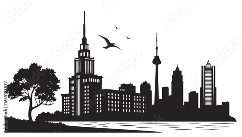 Silhouette of a city skyline with buildings, a tree, water, and birds in a monochrome landscape view created with generated ai