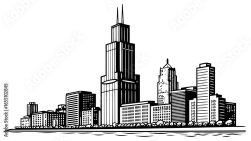 A monochrome skyline illustration featuring various tall buildings and skyscrapers in a city scape view created with generated ai