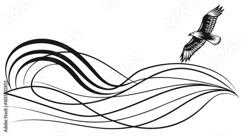 Eagle soaring above abstract wave design in black and white minimalist illustration art style created with generated ai