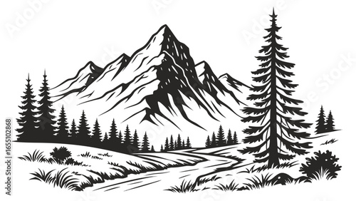 Illustration of a mountain range with a winding river and a forest of coniferous trees scenery view created with generated ai