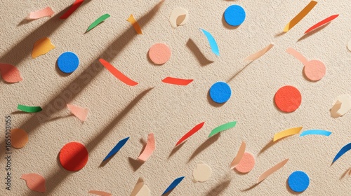 Scattered paper pieces in various shapes and colors on a textured tan background