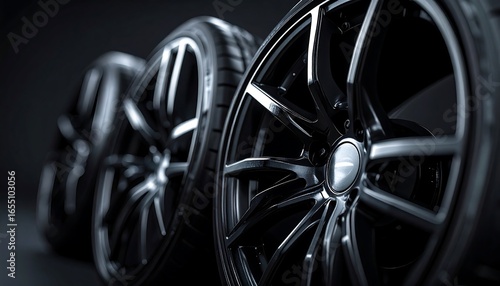 Close-up view of a set of stylish black alloy wheels, showcasing intricate designs and deep gloss.