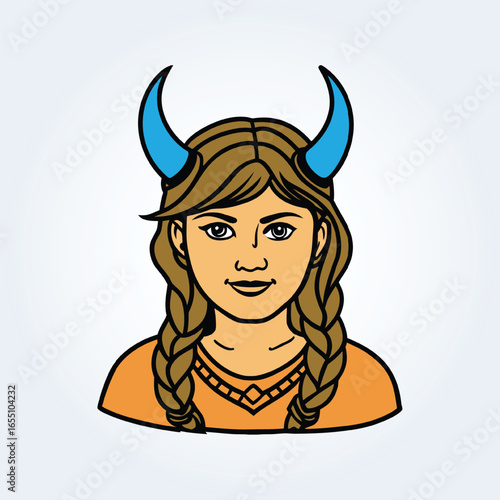 a character illustration of a Viking woman with blue horns