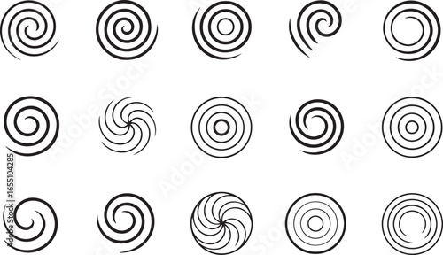 Simple line icons of spirals in various forms, perfect for use in abstract art, geometric designs, and patterns symbolizing motion and energy.