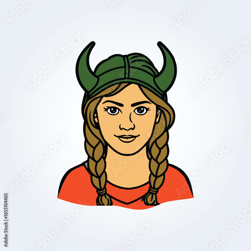 a character illustration of a Viking woman with a green-horned helmet and brown hair
