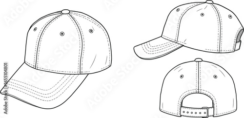 Classic baseball cap vector template, adjustable snapback hat design, front side back flat sketch illustration