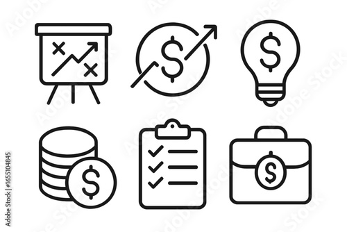 Business finance icons illustrating growth, investment, and planning financial strategy chart