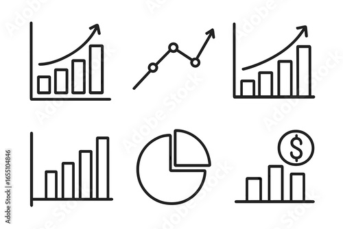 Line graphs and pie chart symbols in minimalist style business graph set
